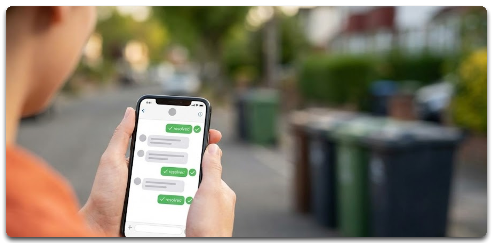 A resident using a mobile phone to chat with the council service, with resolved messages on screen and wheelie bins in the background